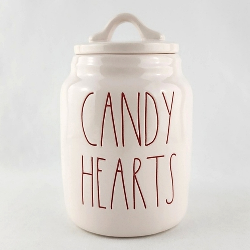 Rae Dunn White CANDY HEARTS Red Large Letters Ceramic 7 Inch Jar Canister
